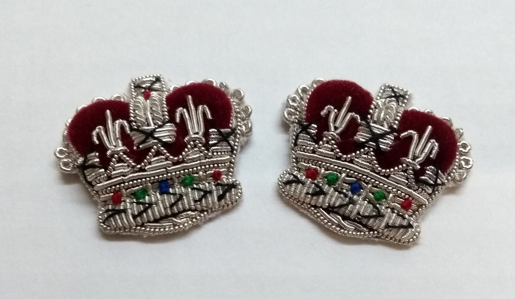 Army Silver Crowns Gilt With Crimson Padding Hand Embroidered Insignia 3/4" 1 Pr