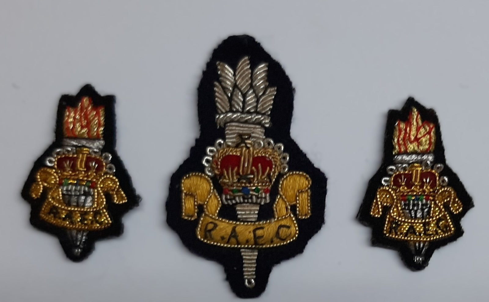 RAEC Hat / Cap Badge and Lapel Badges Hand Embroidered Vintage R.A.E.C