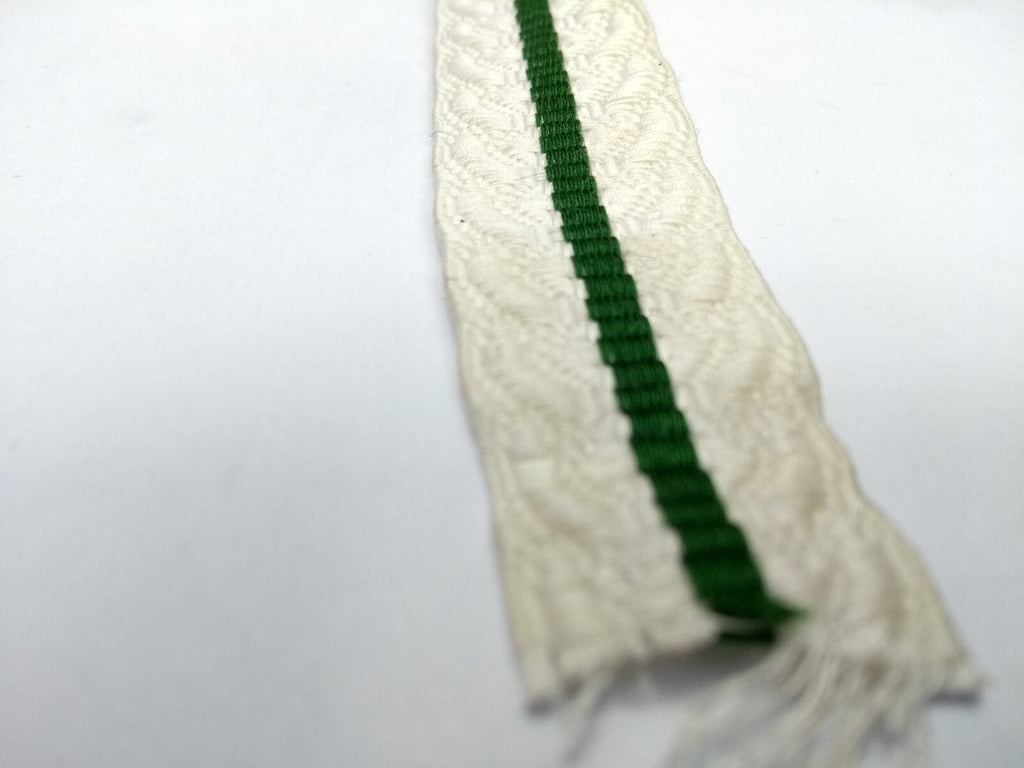 White Cotton Lace with Green Stripe 7/8" Made in France