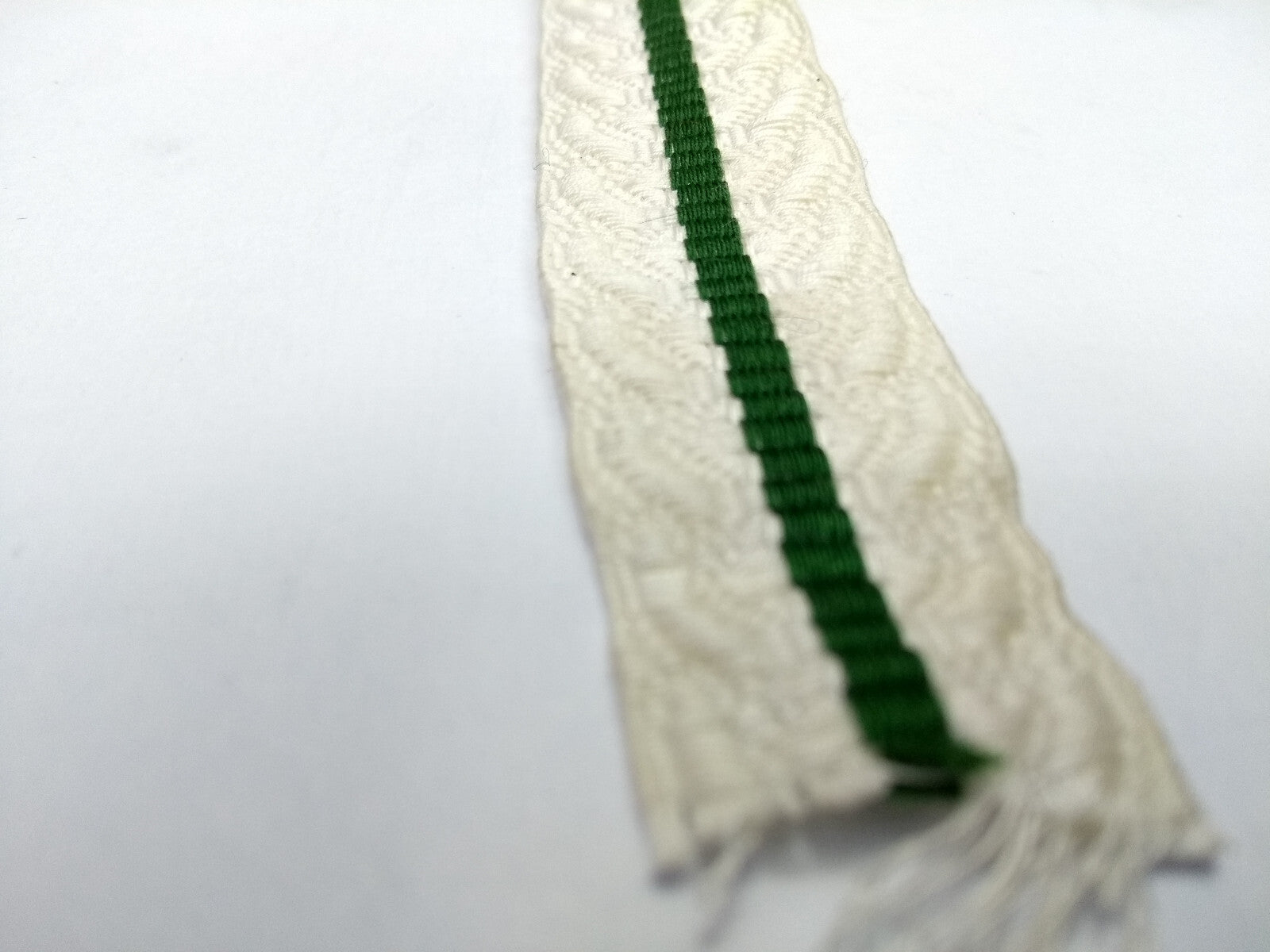 White Cotton Lace with Green Stripe 7/8" Made in France