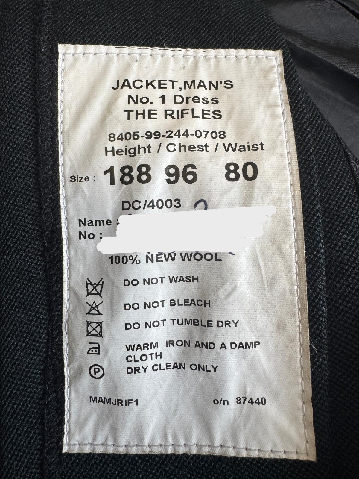 British Army Rifles No1 Jacket Green Dress Uniform - Size 188/96/80cm