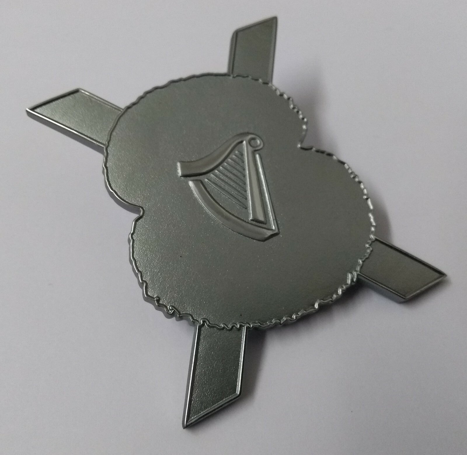 Harp & Cross Chrome Large Insignia Metal Badge Unknown With Split Pint Fixing