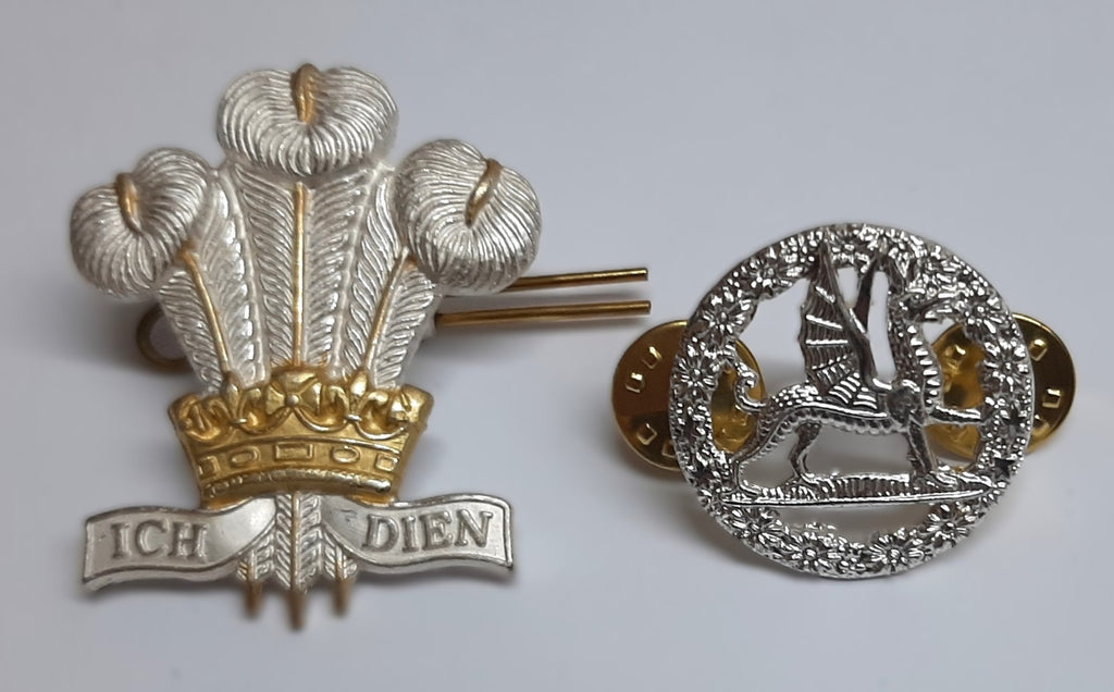 RRW Cap Badge Royal Wales 3 Feathers Ich Dien with Welsh Dragon Lapel Badge
