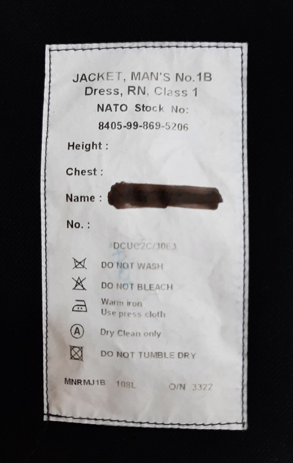 No1B RN Jacket Naval Class 1 with 6 Buttons No Badges 108cm Long