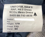RAF Royal Air Force No5 Mess Jacket Airforce Blue Grey Colour No Buttons Size 112cm / 44"