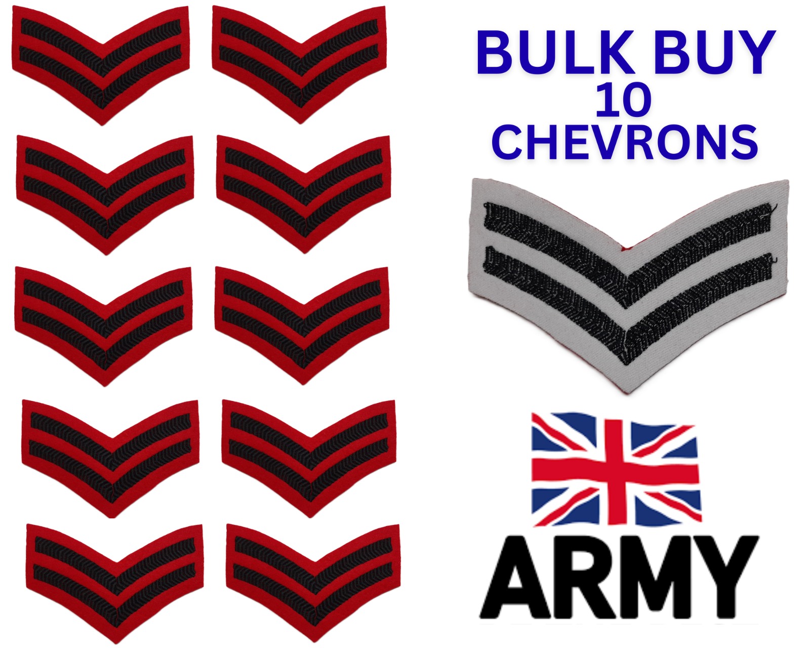 10 Army Chevrons Green on Red Felt British Corporal Rank Stripes Job Lot