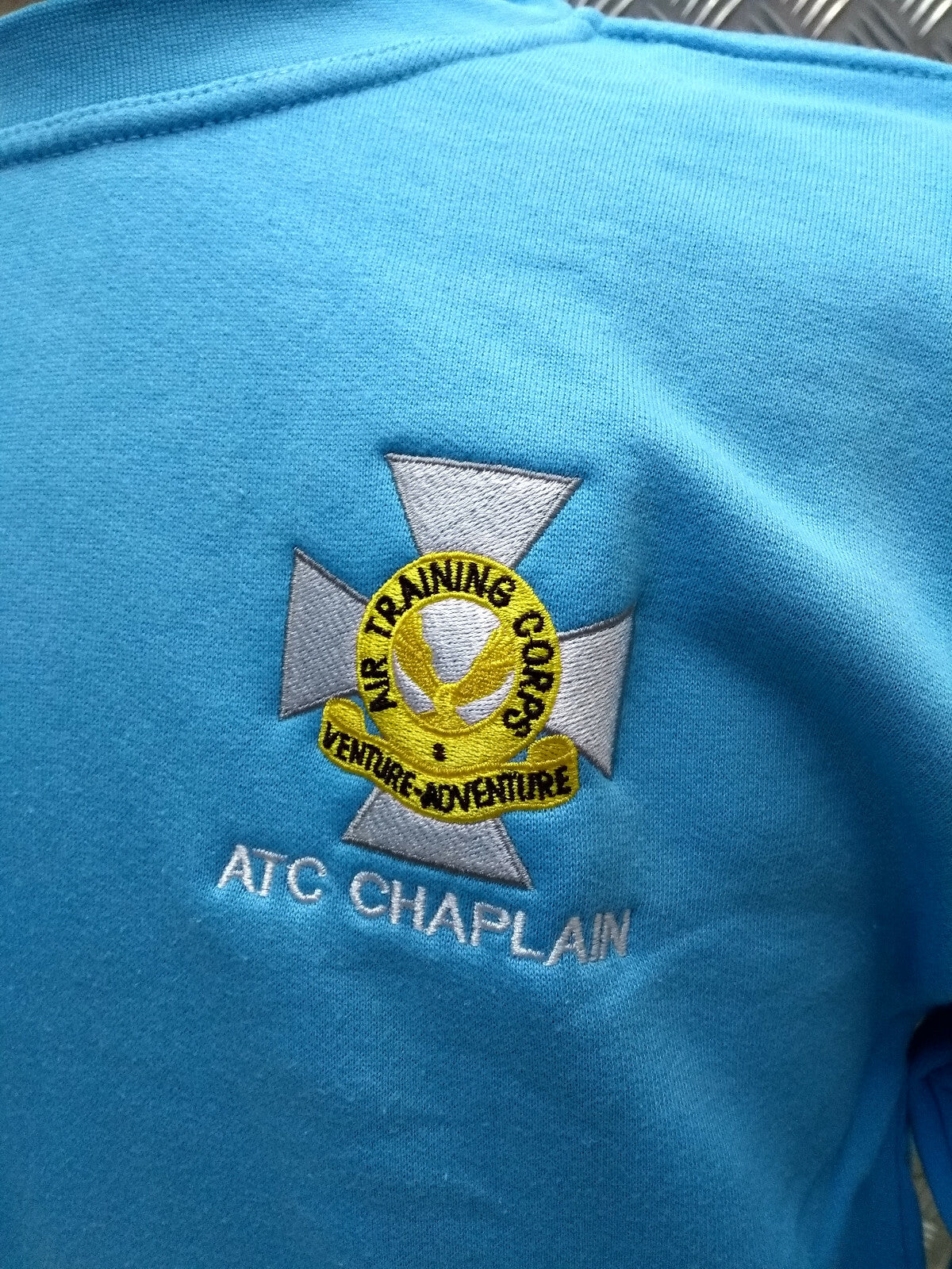 ATC Chaplain Jumper Sweatshirt Army Long Sleeve Light Blue with Badge Medium NEW