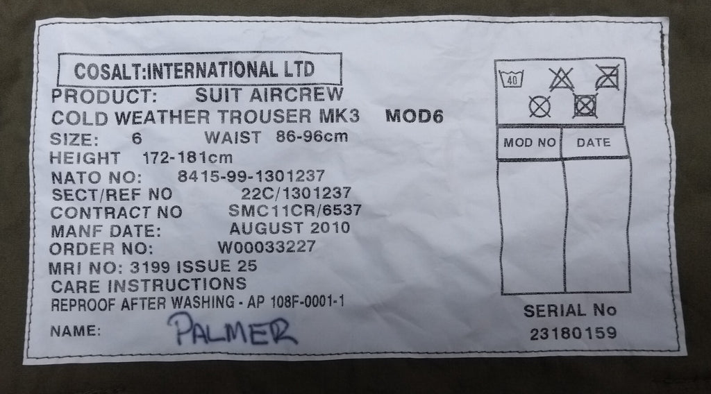 Mk3 Aircrew Trousers Cold Weather Cosalt International LTD British SZ 6