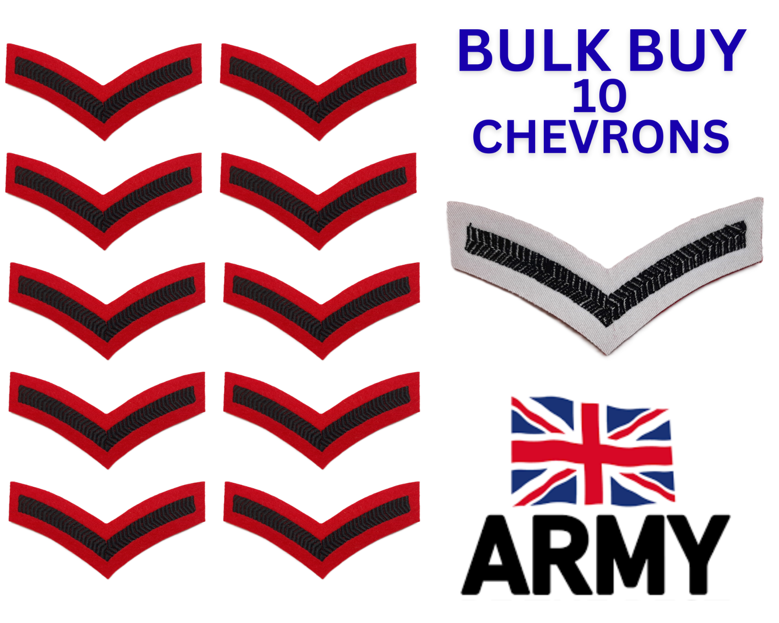 10 Army Chevrons Green on Red Felt British Lance Corporal Rank Stripes Job Lot