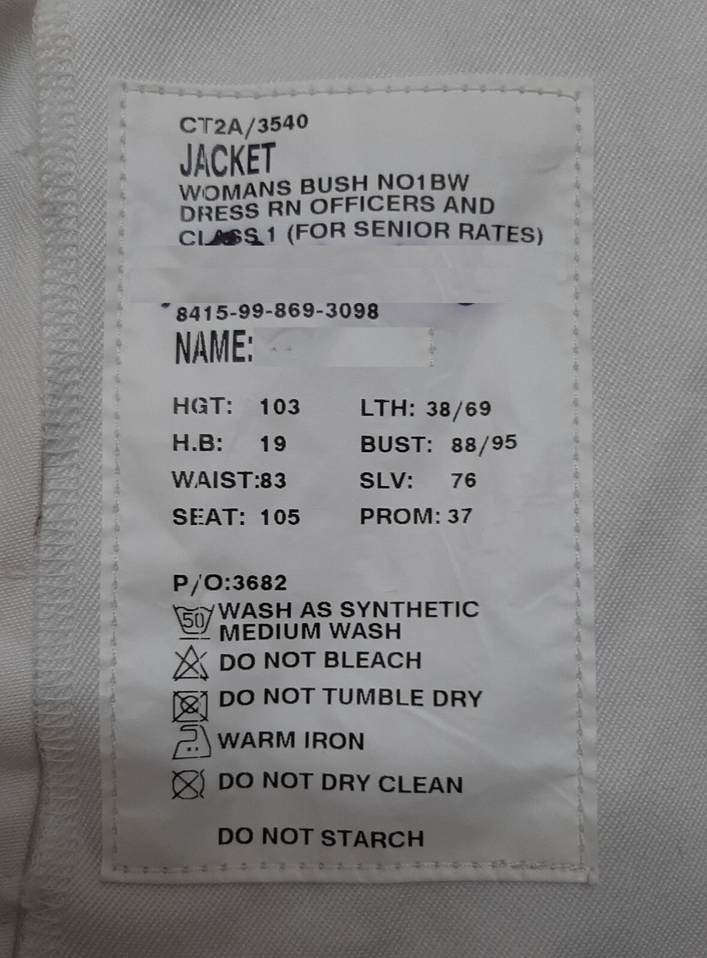 RN Jacket No1 BW White Bush British Ofc & Class 1 Senior Rates No Buttons