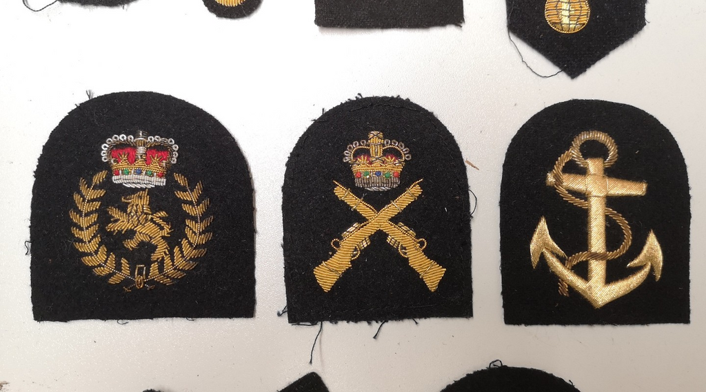 Various Wire Braided Army Navy Patches on Black Felt British set of 9