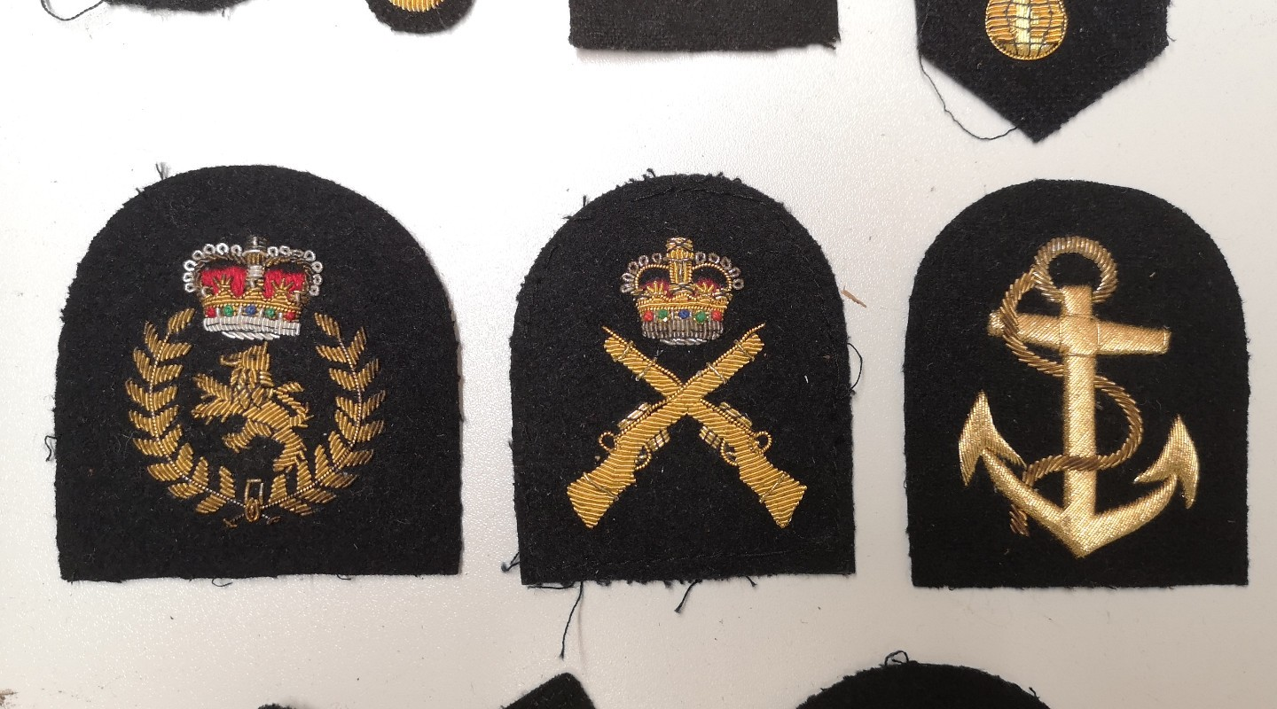 Various Wire Braided Army Navy Patches on Black Felt British set of 9