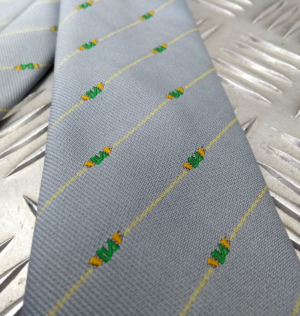 Yellow Striped Grey Tie with Unidentified Green & Yellow Symbol Pattern - NEW