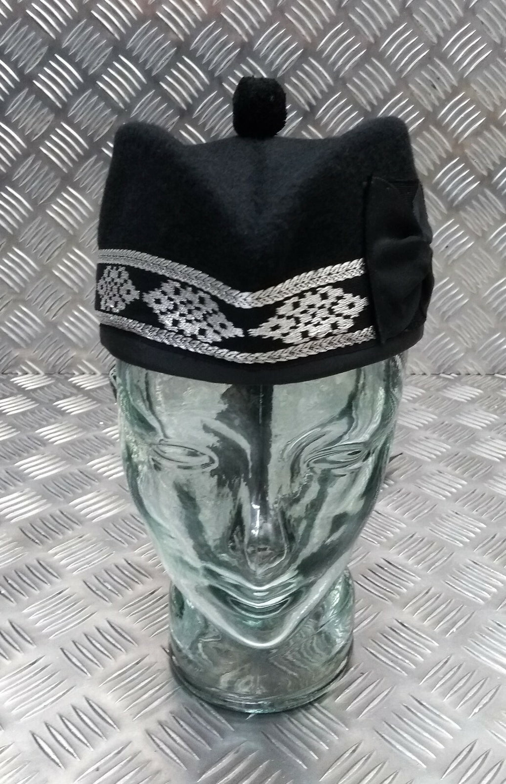 Glengarry Pipers Hat Black Pom With Silver Detailing 100% Wool Made in The UK