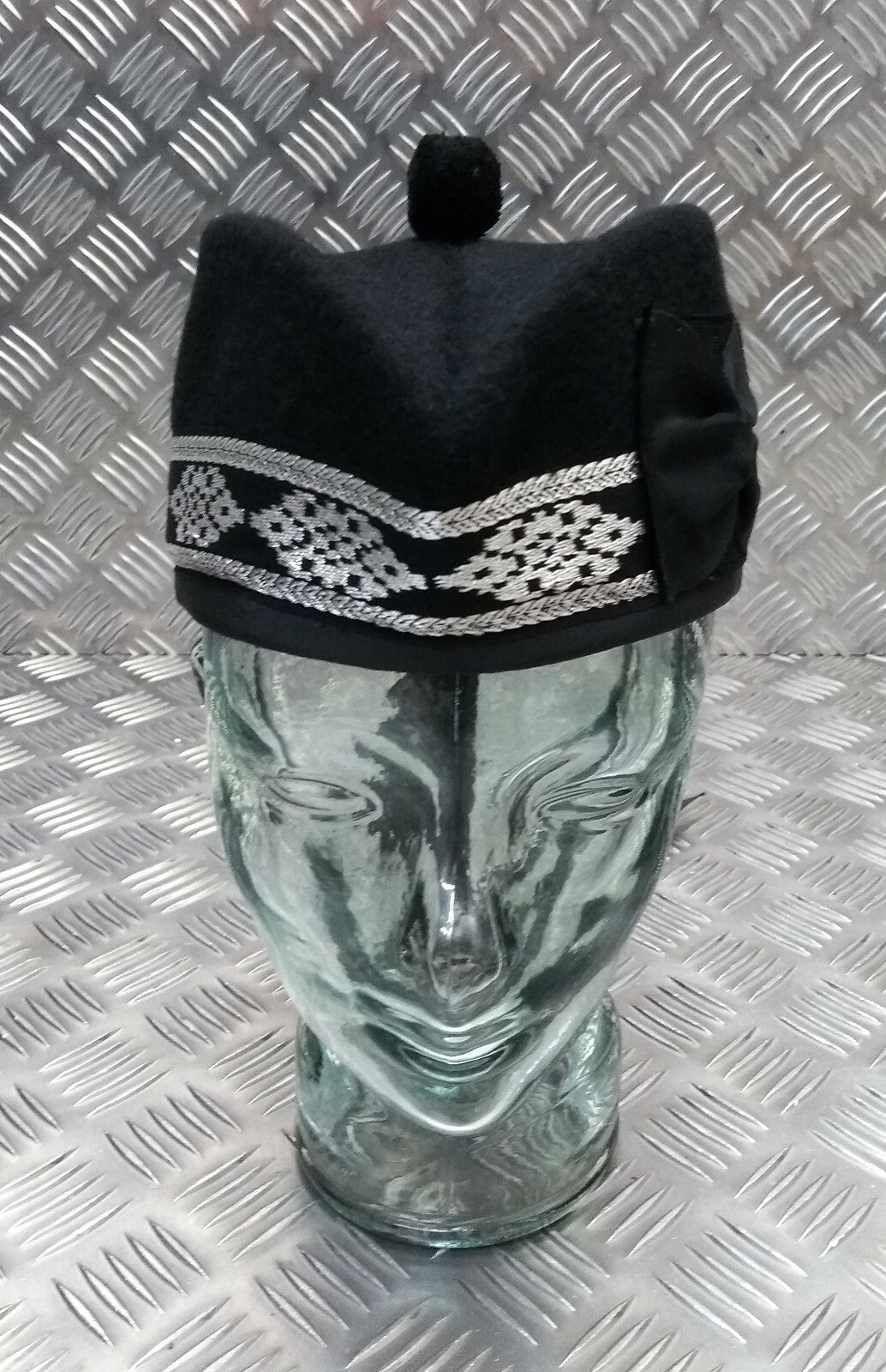 Glengarry Pipers Hat Black Pom With Silver Detailing 100% Wool Made in The UK