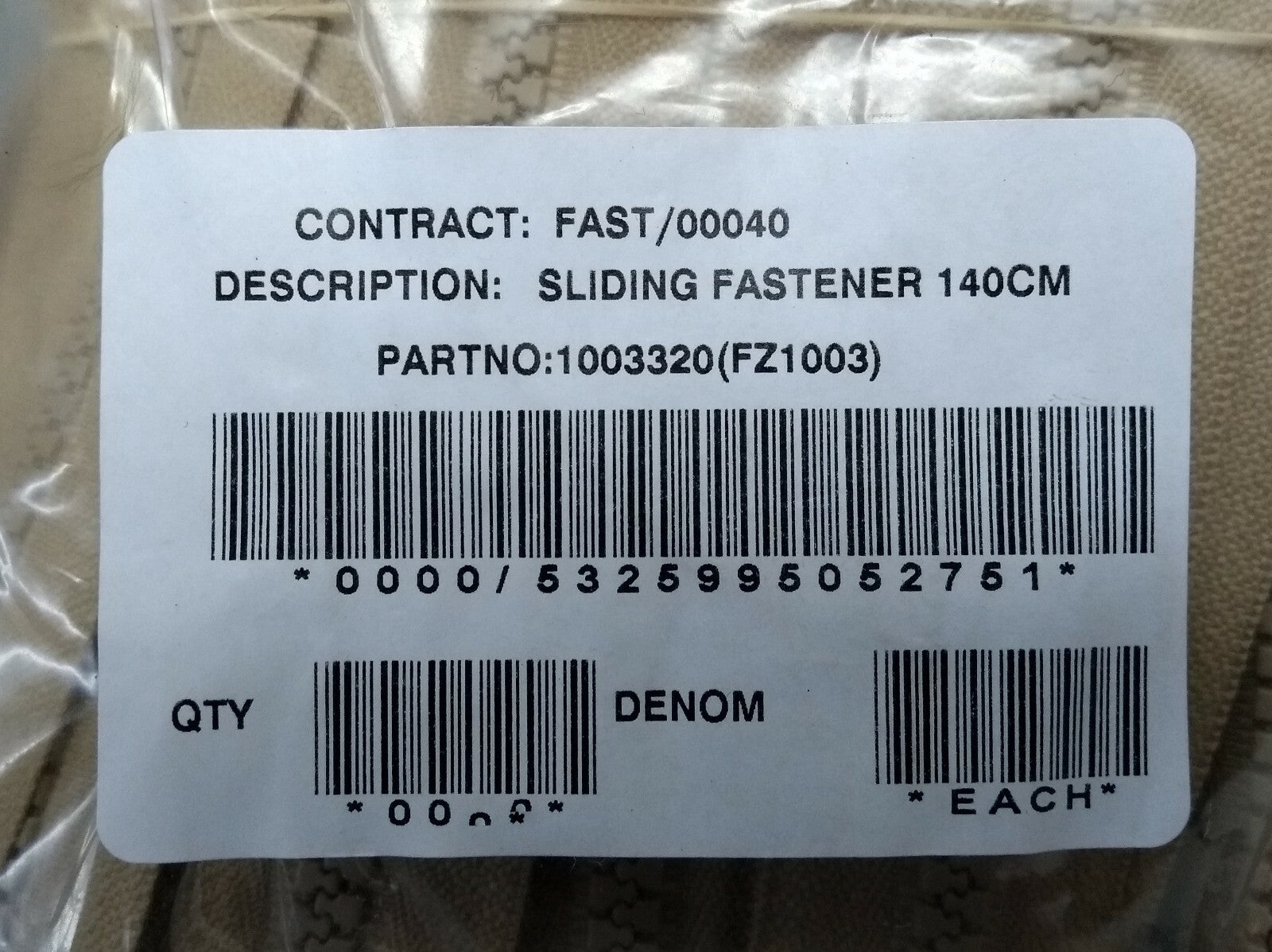 ZIP YKK Sliding Fastener 140cm Mil-Spec Desert Coyote Survitec Spec NEW