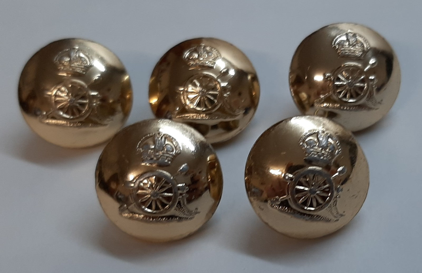 Vintage Army Buttons British Artillery Kings Crown Insignia Ring Backed Buttons