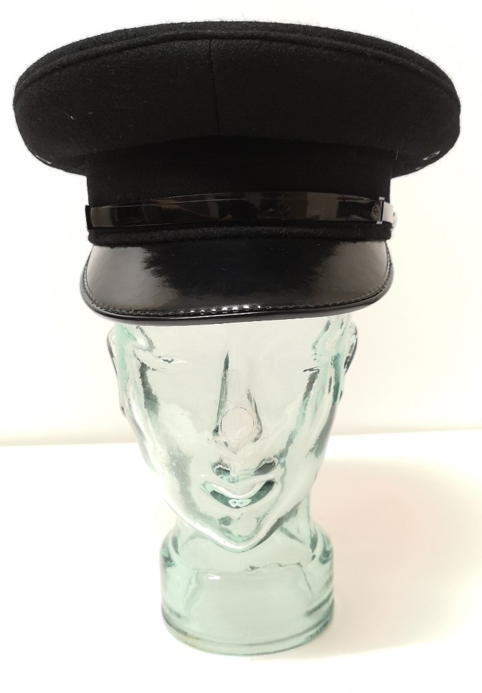 Dress Hat Black Wool Peak Cap with Chinstrap and Plain Buttons Size 50-52cm