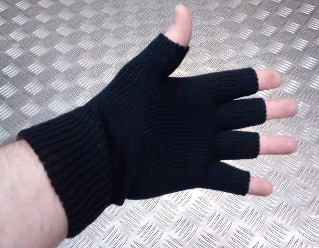 Quality Acrylic Black Fingerless Gloves / Mitts Knitted cuffs - Brand New