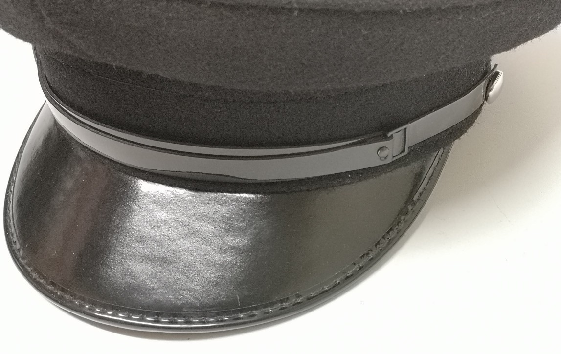 Dress Hat Black Wool Peak Cap with Chinstrap and Plain Buttons Size 50-52cm