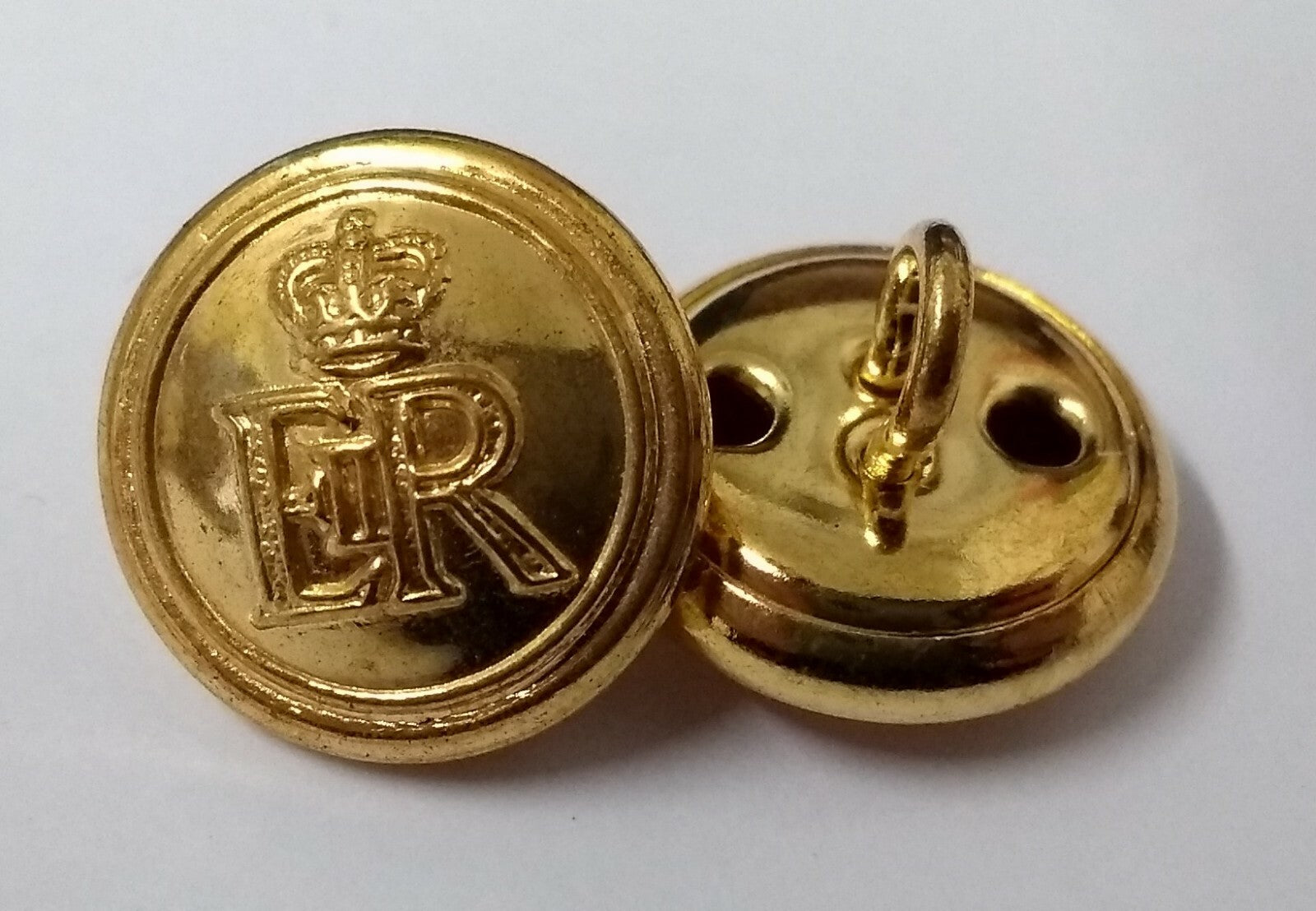 Queens Crown ER II Gold 16.5mm Buttons Made in England Ring Back Fitting X2