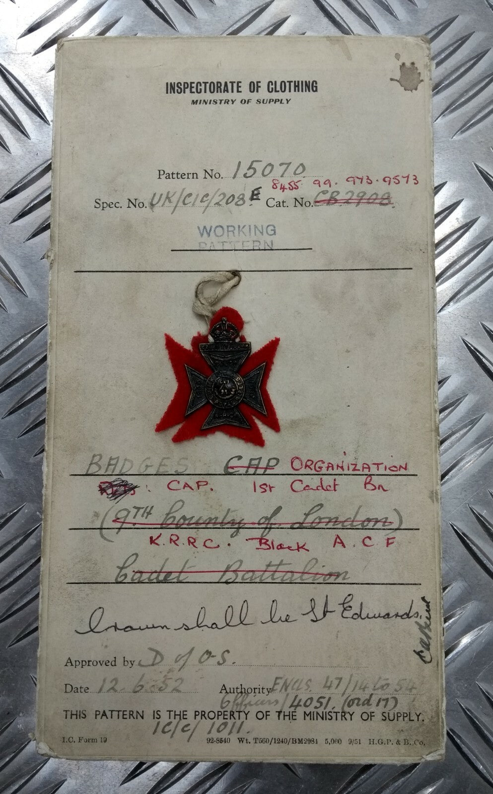 Genuine Vintage British Army Inspectorate of Stores Metal Badge Sample Card 1952