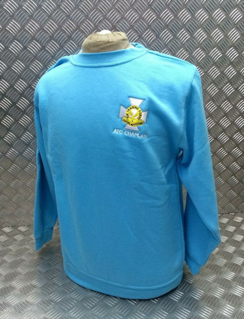 ATC Chaplain Jumper Sweatshirt Army Long Sleeve Light Blue with Badge Medium NEW