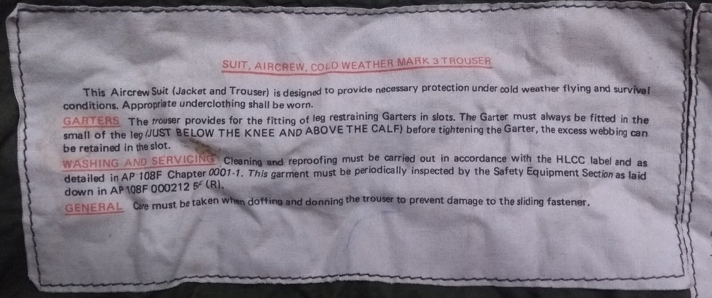 1980s Aircrew Trousers Cold Weather Mark 3 MKIII Green Lifeguard Equipment LTD