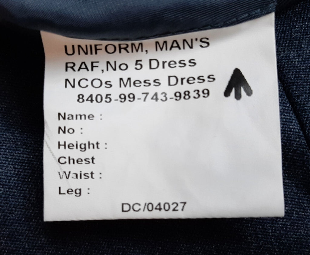 British Army No5 Mess Dress Jacket Royal Air Force Embroidered WO Badge