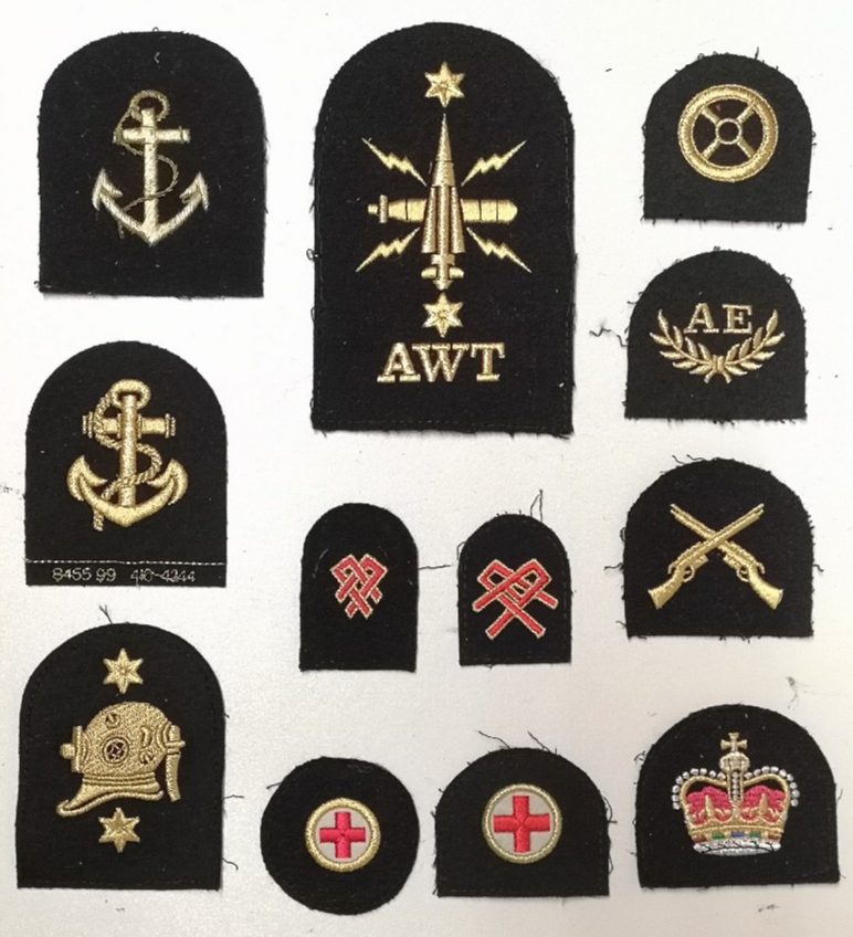 Royal Navy Qualification Cloth Patches Gold/Red on Black set of 12