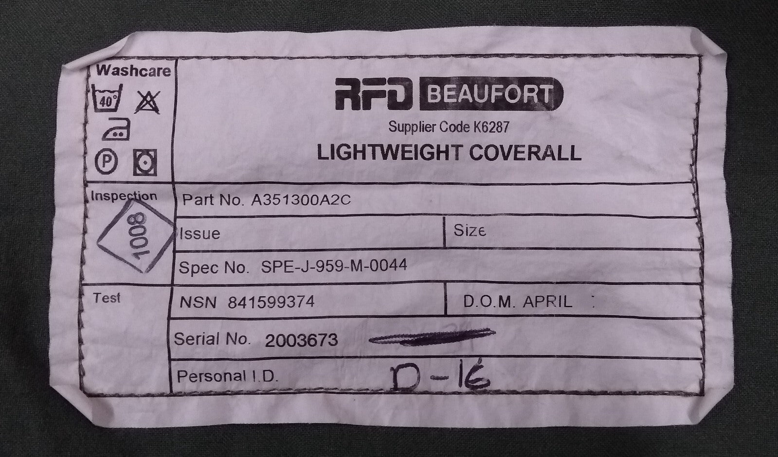 RFD Aircrew Coverall Lightweight Green RAF Royal Air Force Jumpsuit Assorted