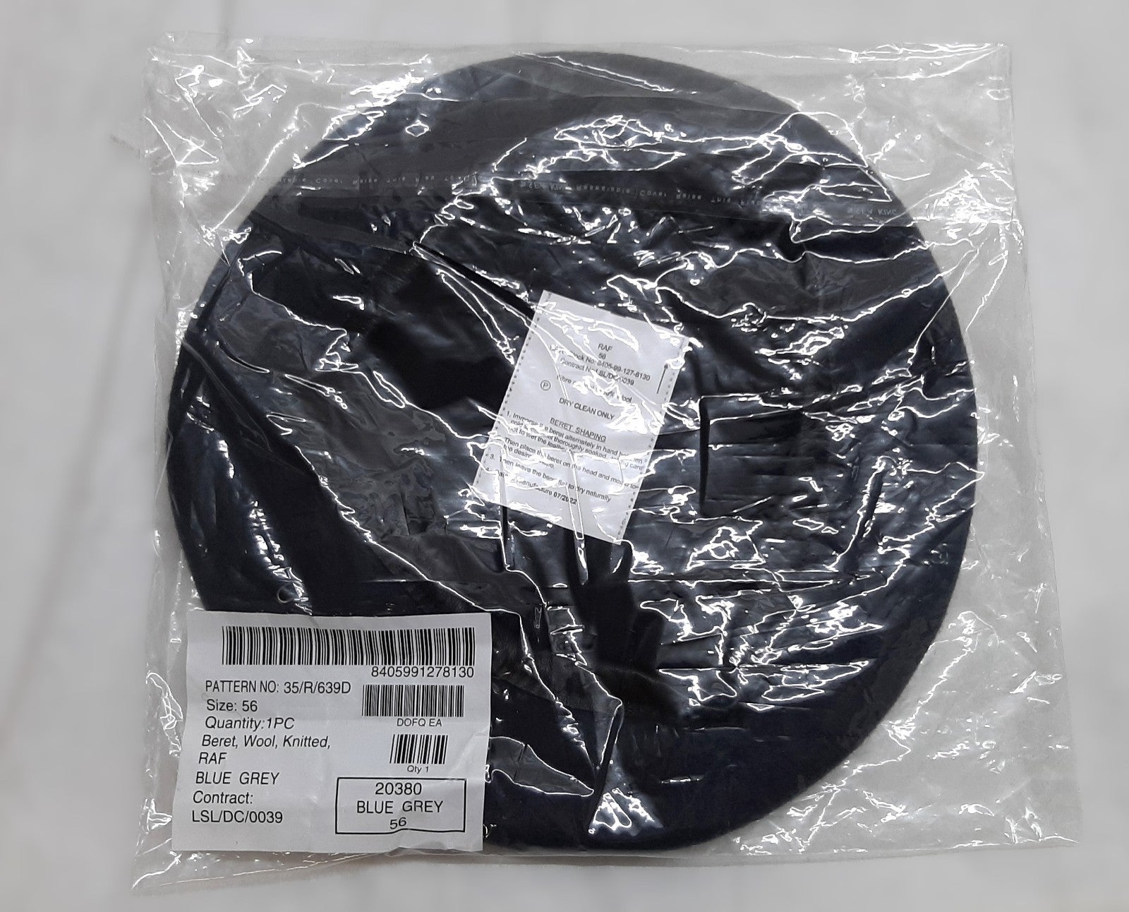 RAF Royal Air Force Beret Knitted Wool Blue Grey With Leather Rim & Badge Eyelets 56cm New