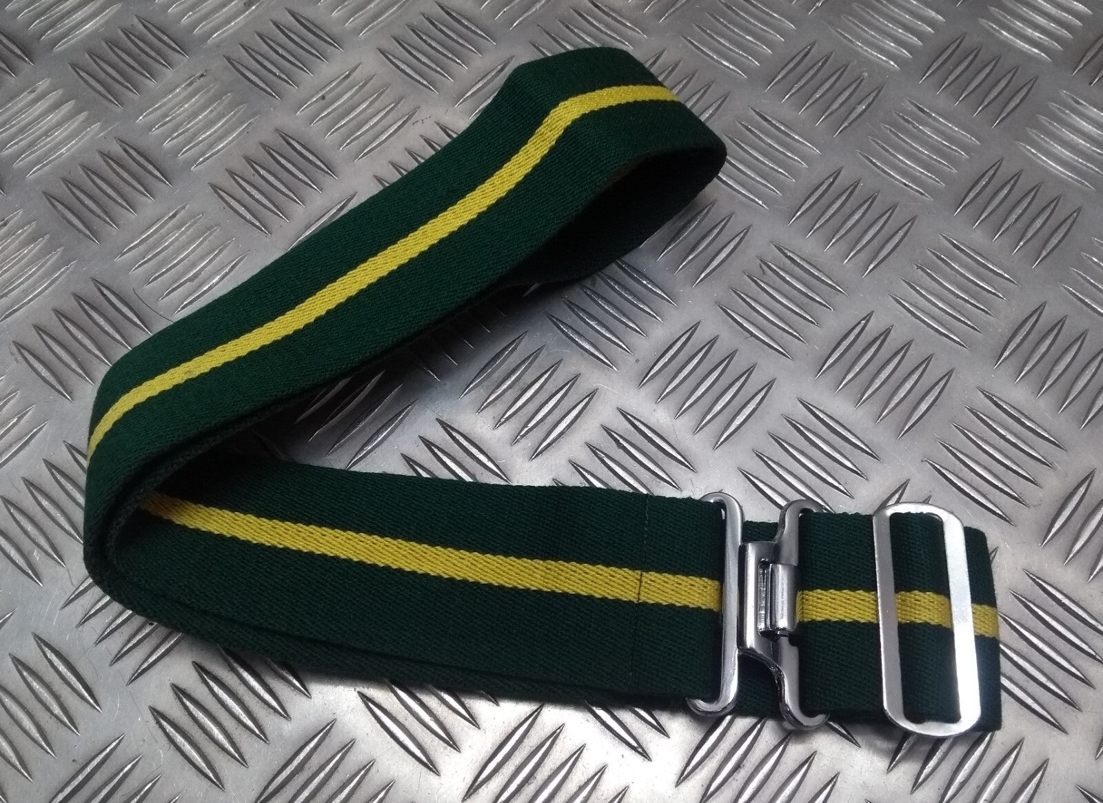 Stable Belt 57mm Green with Yellow Stripes Chrome Buckle & Slider UK Made Medium