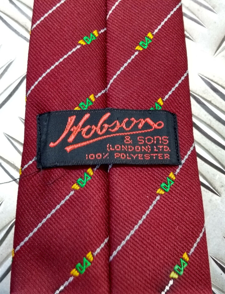 White Striped Maroon Tie with Unidentified Green & Yellow Symbol Pattern - NEW