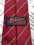 White Striped Maroon Tie with Unidentified Green & Yellow Symbol Pattern - NEW