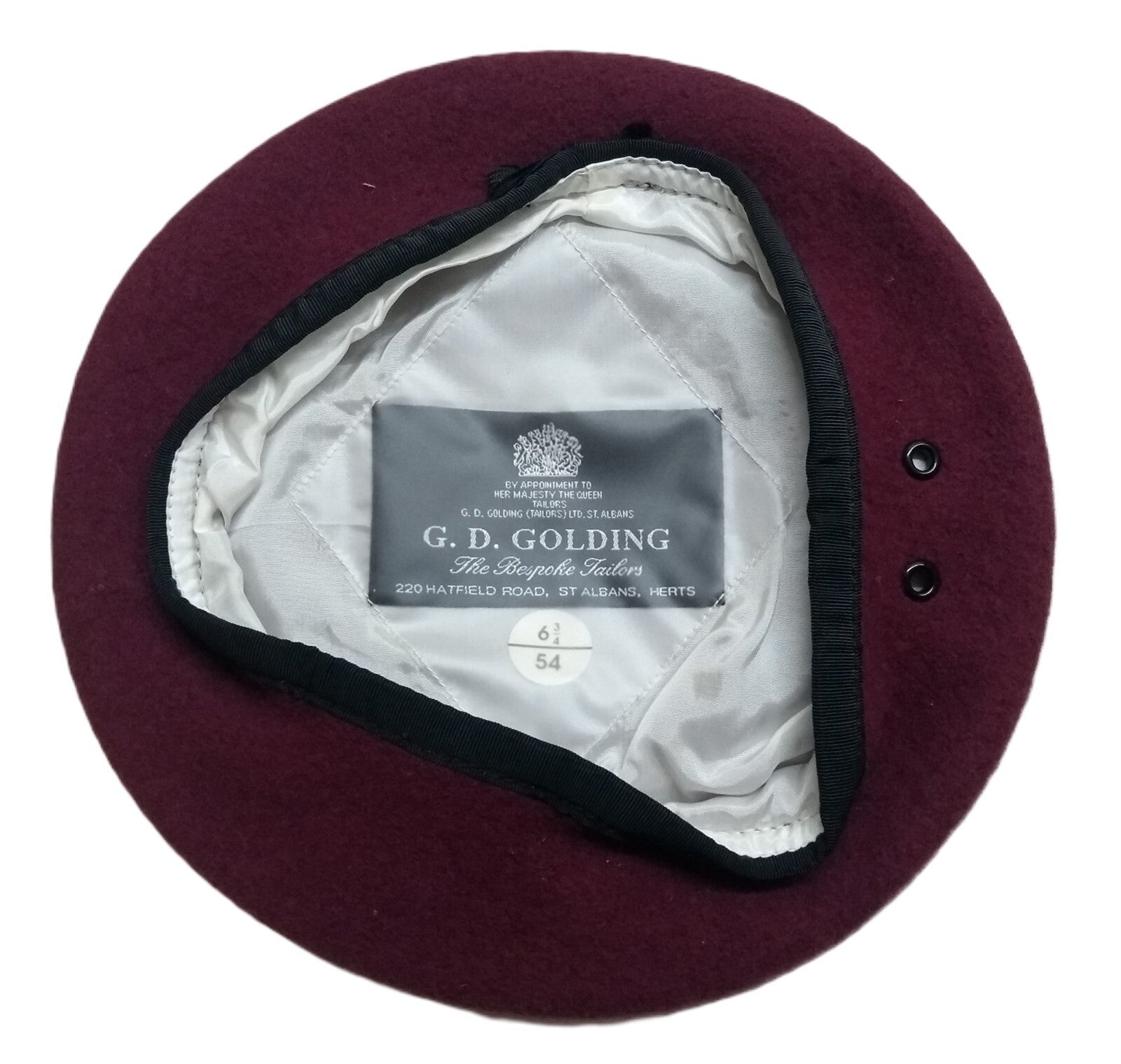 Maroon Army Beret Goldings UK Pattern Wool / Silky Lining & Petersham Trim 54cm.