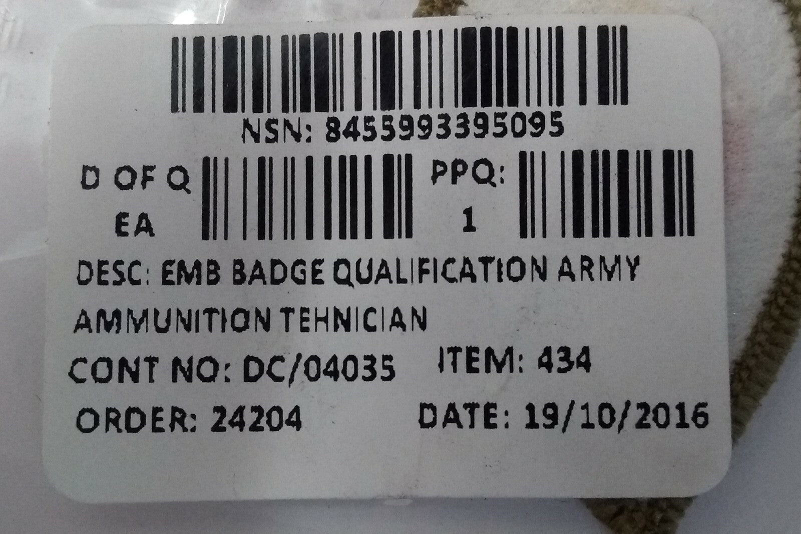 British Ammunition Technician Qualification / Skills Patch - NEW