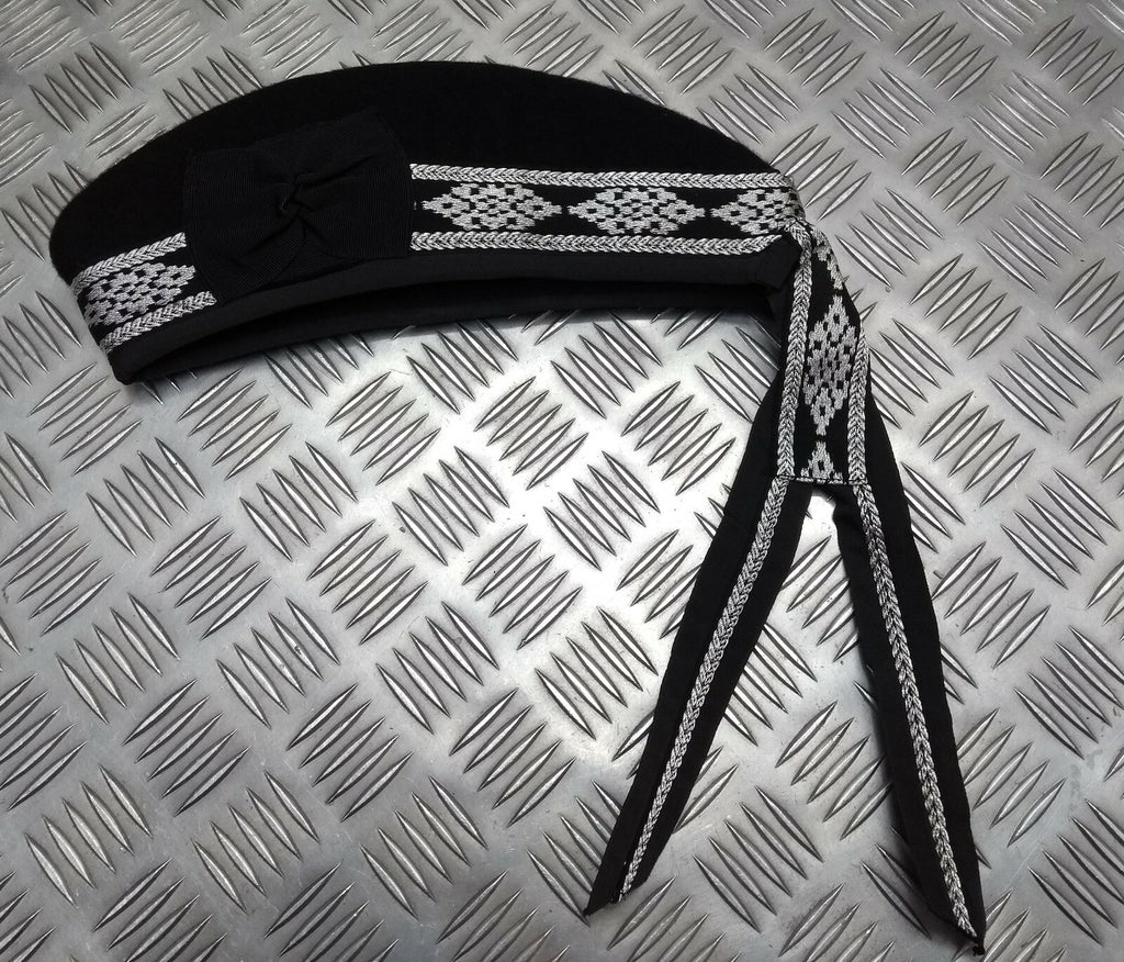 Glengarry Pipers Hat Black Pom With Silver Detailing 100% Wool Made in The UK