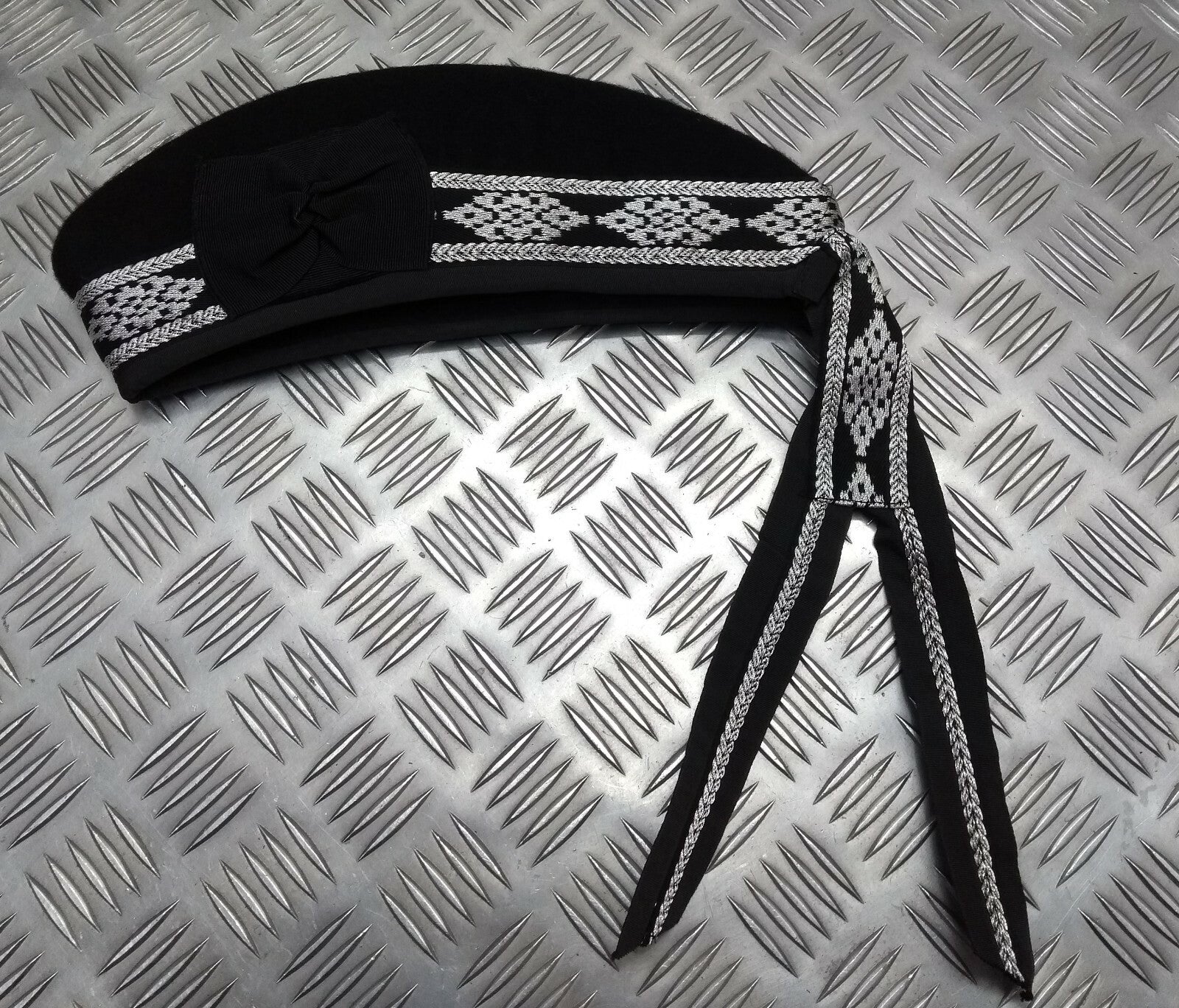 Glengarry Pipers Hat Black Pom With Silver Detailing 100% Wool Made in The UK