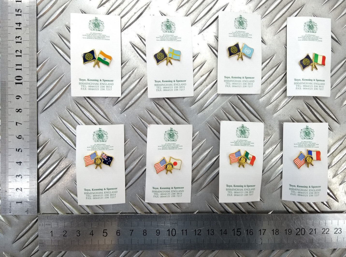 Rotary International Club Twin Flags Metal Lapel Pin Badges Set of 8 - NEW