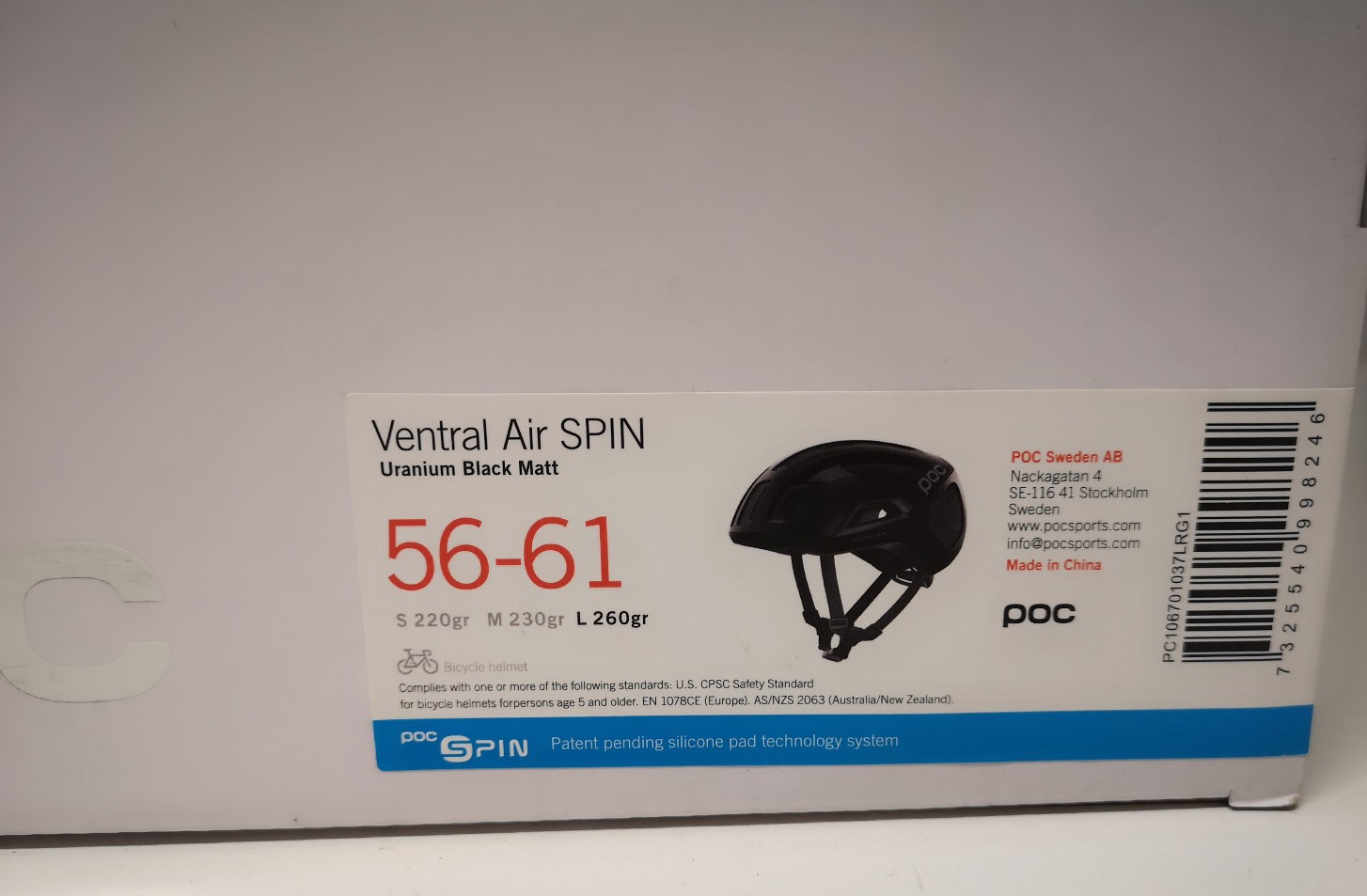POC Ventral Air Spin Uranium Black Matt 260g 56-61 Bicycle Helmet with Box