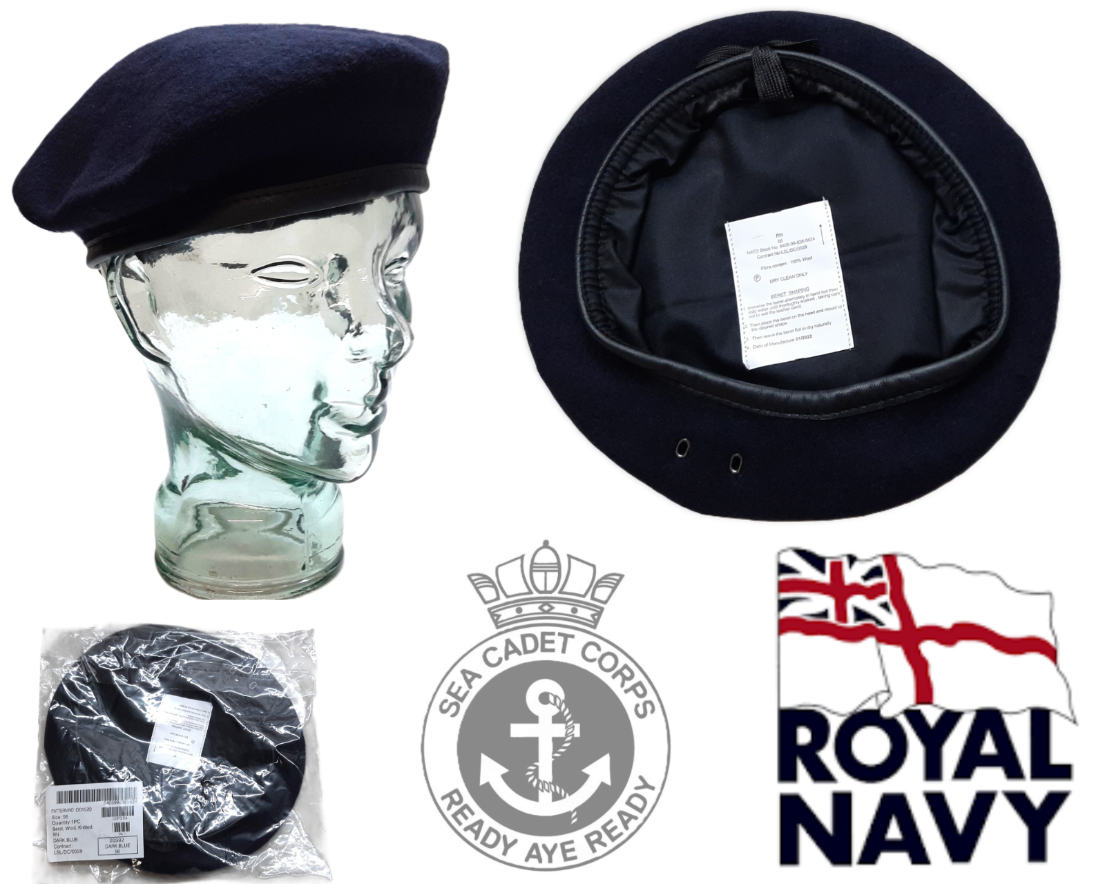 Naval Beret Wool With Leather Rim & Badge Eyelets NEW