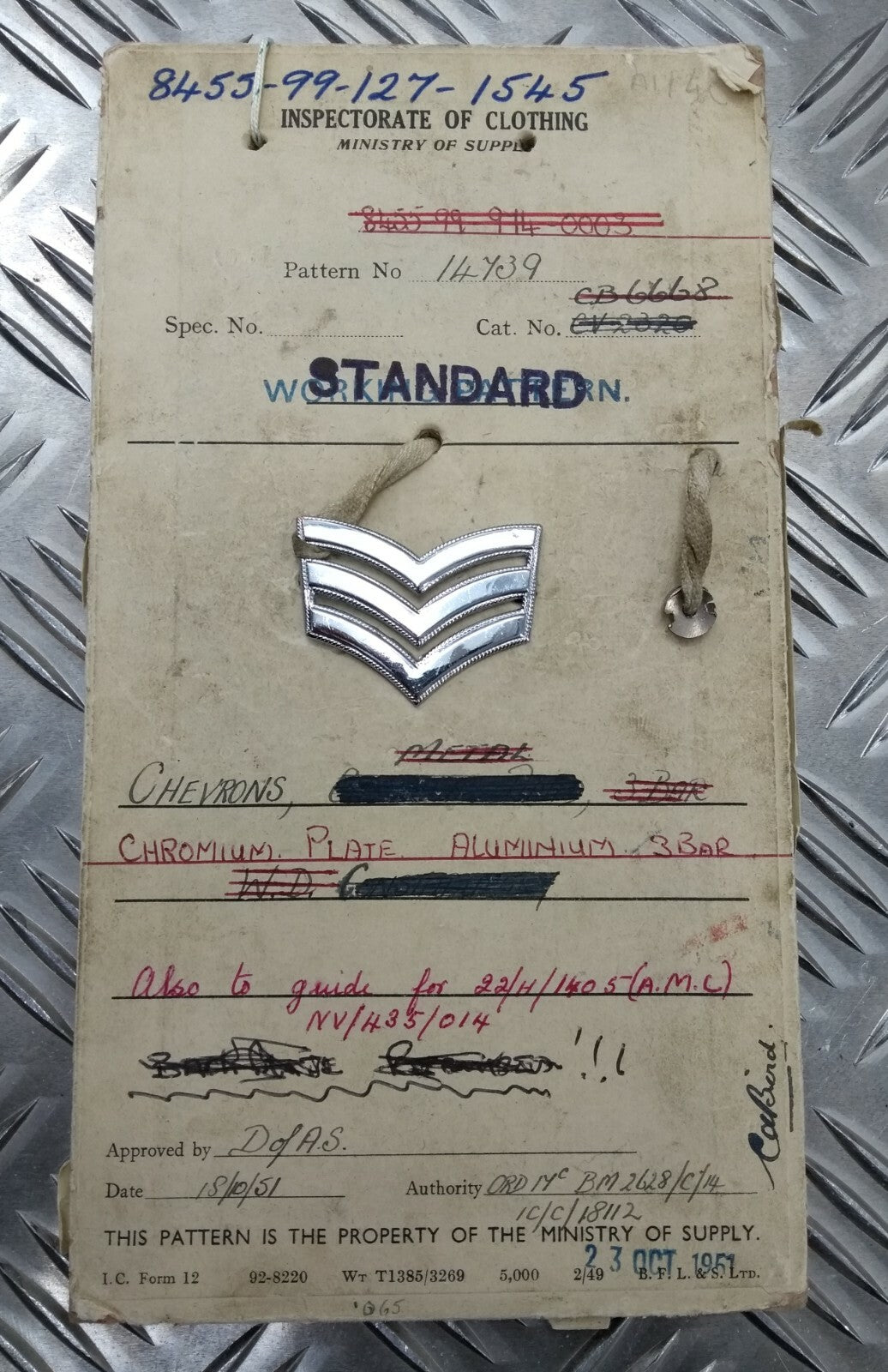 Genuine1951 Vintage British Army Inspectorate of Stores Metal Badge Sample Card