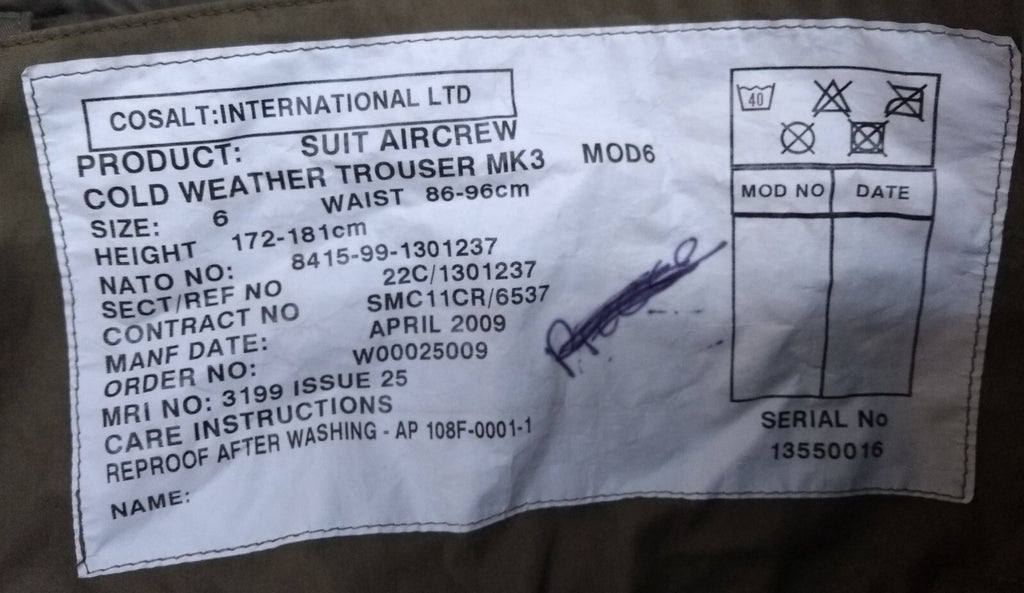 Mk3 Aircrew Trousers Cold Weather Cosalt International LTD British SZ 6