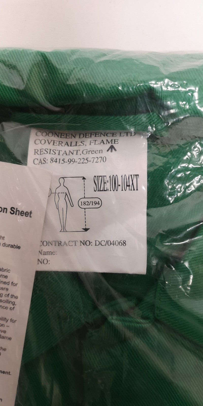 Green Flame Resistant Coverall Chest 100-104cm Height 182-194cm British