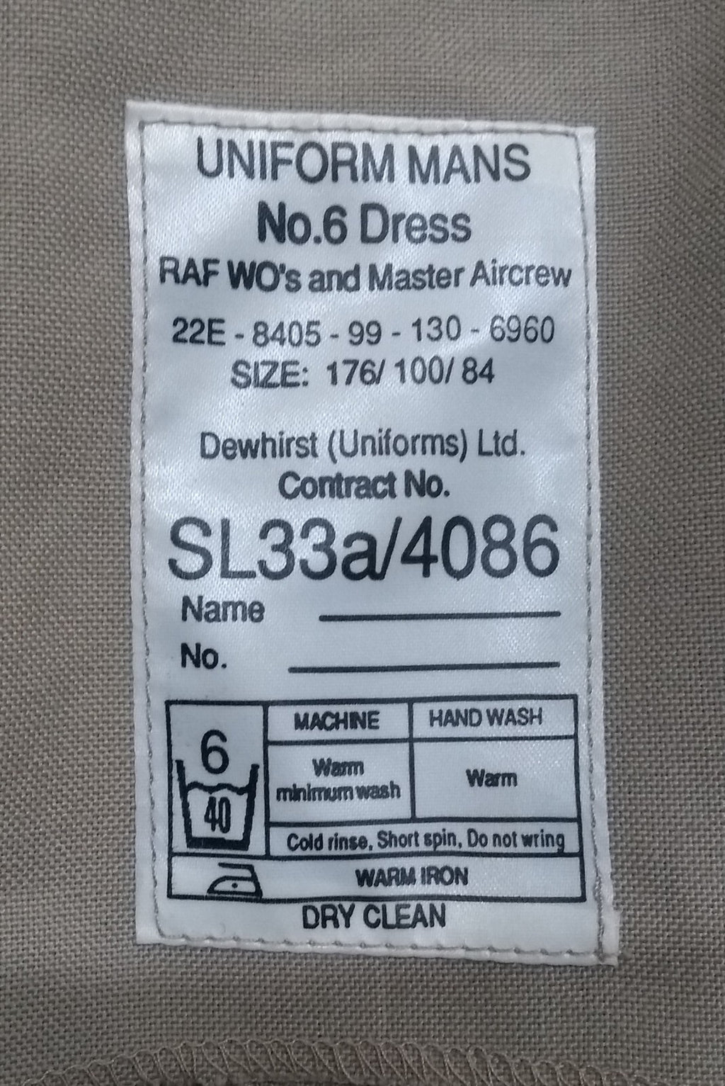 RAF No6 Airforce Jacket Mans Fully Buttoned with Cloth Belt Size 100cm Regular