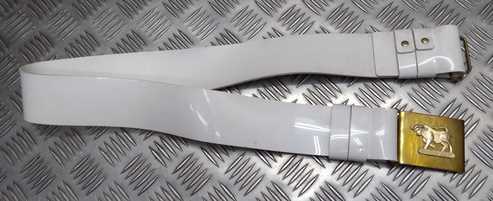 Zambia Belt PVC White Vinyl With Obsolete Zambian Bull Buckle 40"