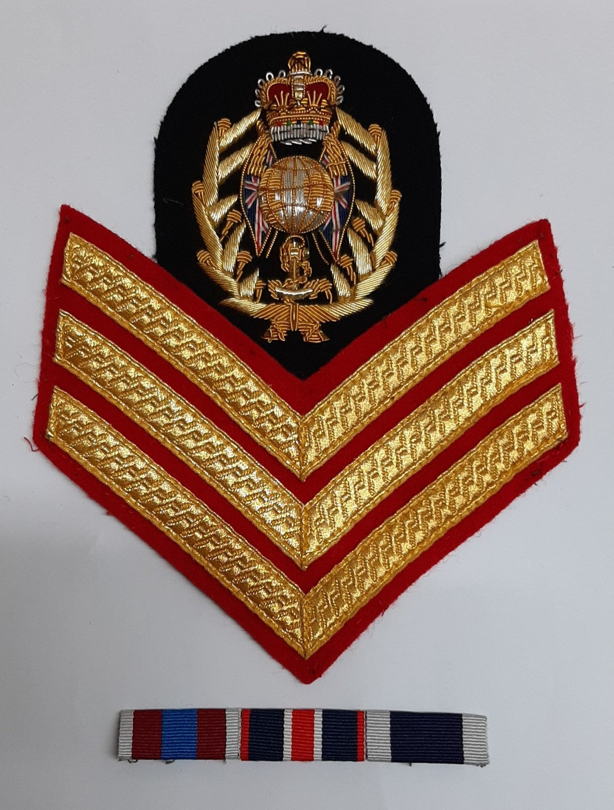 RM CSGT Badge No1 Wire Arm Patch 3 Bar Chevs and Medal Ribbon British Made R.M