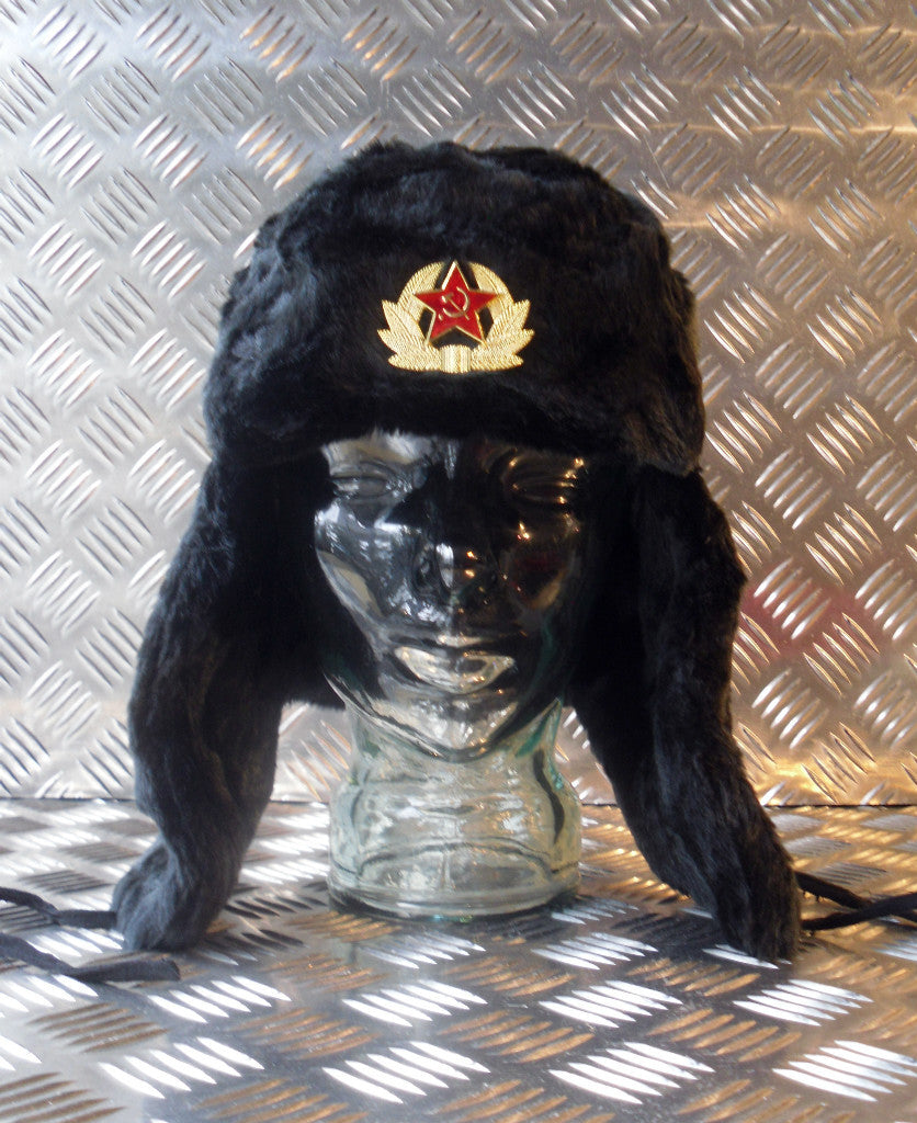 Soviet / USSR Black Cossack Hat w Ear Flaps. All Sizes - Brand NEW