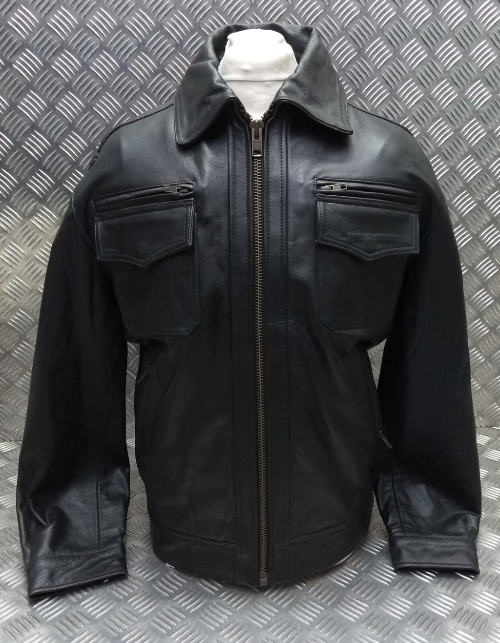 Leather Bomber Jacket Full Collar CWU Style Black Lined Casual Zip Front Coat
